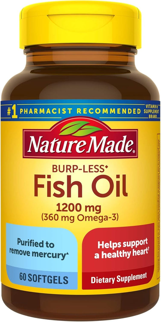 Burp-Less Fish Oil 1200 mg, 60 Softgels, Fish Oil Omega 3 Supplement For Heart Health