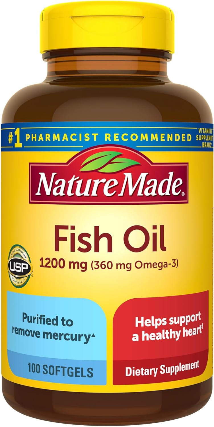 Nature Made Fish Oil 1200 mg Softgels, Fish Oil Supplements, Omega 3 Fish Oil for Healthy Heart Support, Omega 3 Supplement with 100 Softgels, 50 Day Supply