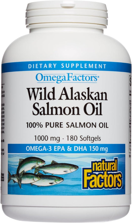 Natural Factors, Wild Alaskan Salmon Oil Provides Omega-3, EPA, DHA & Vitamin D, Supports Brain & Heart Health, 180 Count (Pack of 1)