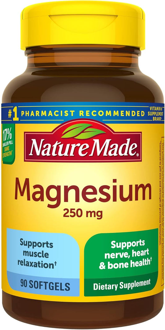 Nature Made Magnesium 250 mg, Magnesium Supplement for Muscle, Heart, Bone and Nerve Support, 90 Softgels, 90 Day Supply