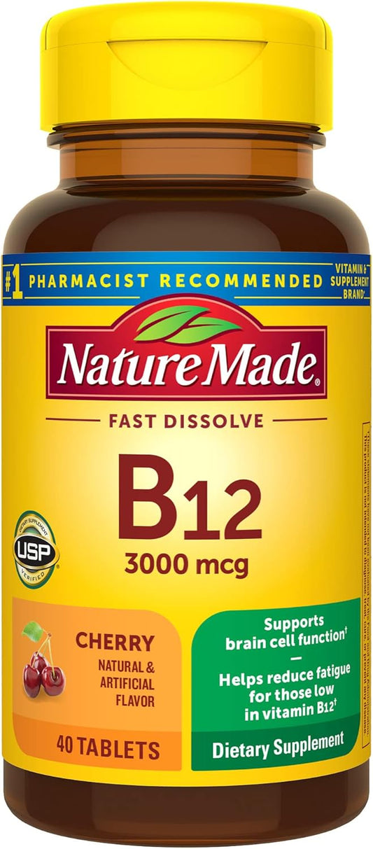 Nature Made Vitamin B12 3000 mcg, Easy to Take Sublingual B12 for Energy Metabolism Support, 40 Sugar Free Fast Dissolve Tablets, 40 Day Supply