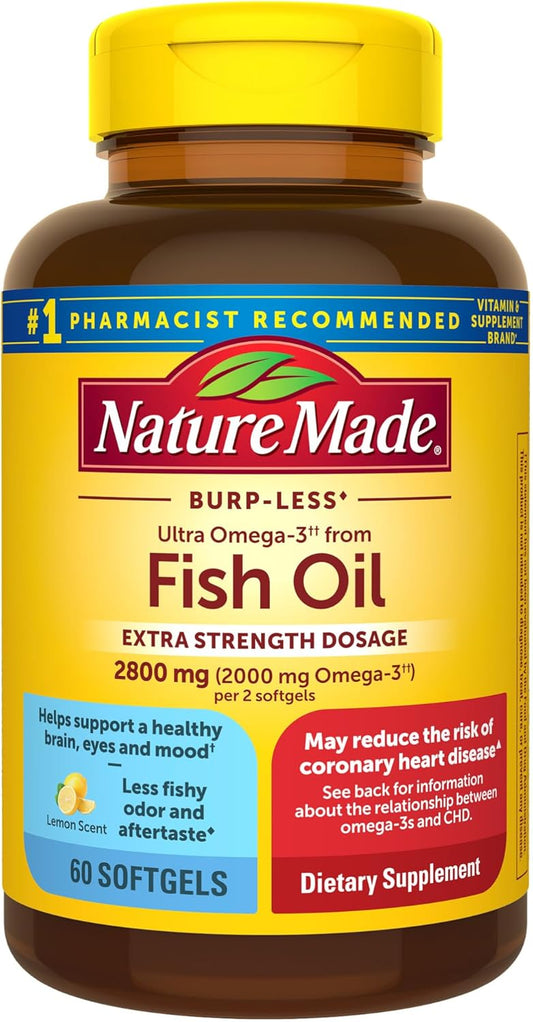 Nature Made Extra Strength Omega 3 Fish Oil 2800 mg per serving, Fish Oil Supplements as Ethyl Esters, Omega 3 Supplement for Healthy Heart, Brain, Eyes, and Mood Support, 60 Softgels, 30 Day Supply