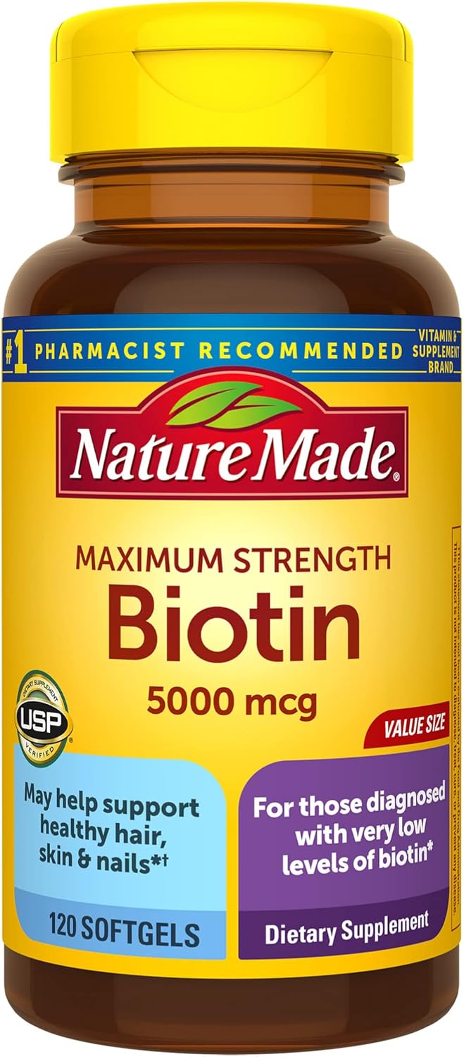 Nature Made Maximum Strength Biotin 5000 mcg, Dietary Supplement may help support Healthy Hair, Skin & Nails, 120 Softgels