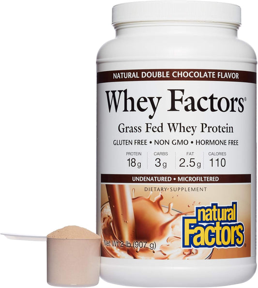 Whey Factors by Natural Factors, Grass Fed Whey Protein Concentrate, Aids Muscle Development and Immune Health, Double Chocolate, 2 lb