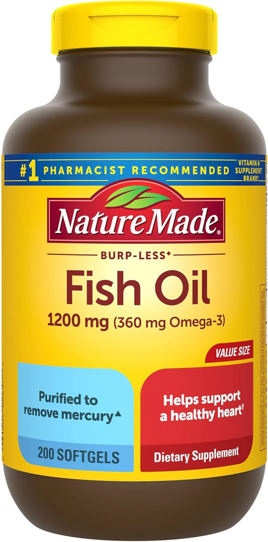 Nature Made Burp Less Fish Oil 1200 mg, Fish Oil Supplements, Omega 3 Fish Oil for Healthy Heart Support, Omega 3 Supplement with 200 Softgels, 100 Day Supply