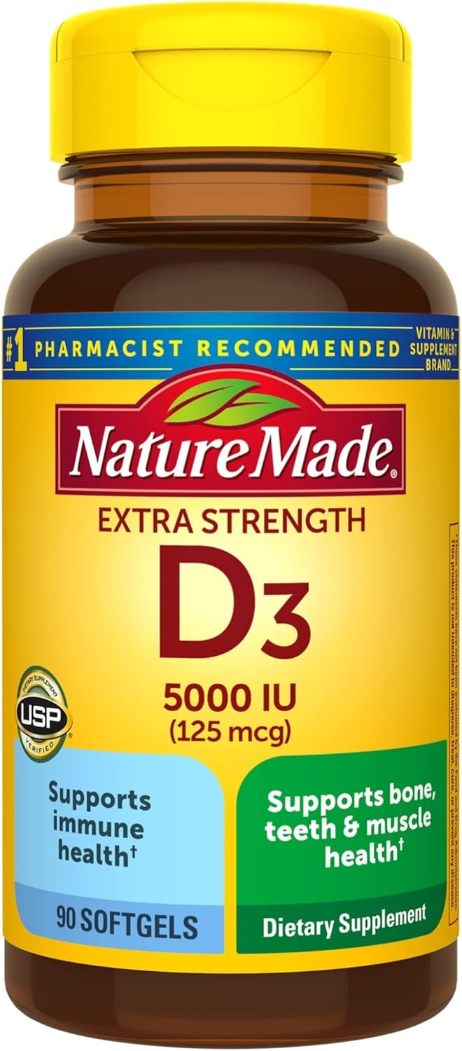 Nature Made Extra Strength Vitamin D3 5000 IU (125 mcg), Dietary Supplement for Bone, Teeth, Muscle and Immune Health Support, 90 Softgels, 90 Day Supply