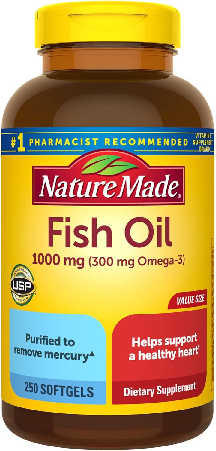 Nature Made Fish Oil 1000 mg Softgels, Fish Oil Supplements, Omega 3 Fish Oil for Healthy Heart Support, Omega 3 Supplement with 250 Softgels, 125 Day Supply