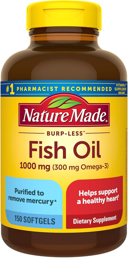 Nature Made Burp Less Fish Oil 1000 mg Softgels, Fish Oil Supplements, Omega 3 Fish Oil for Healthy Heart Support, Omega 3 Supplement with 150 Softgels, 75 Day Supply