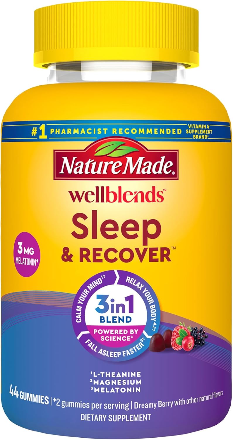 Nature Made Wellblends Sleep and Recover, Sleep Aid with Melatonin 3mg to Support Restful Sleep, plus L theanine 200mg and Magnesium Citrate, 44 Gummies