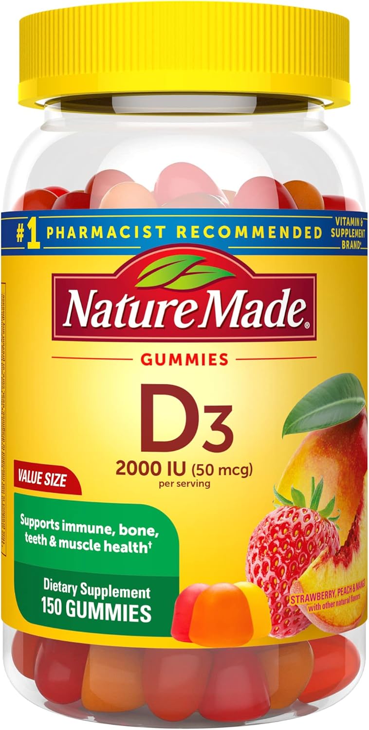 Nature Made Vitamin D3, 150 Gummies, Vitamin D 2000 IU (50 mcg), Vitamin D Gummies For Adults Helps Support Immune Health, Strong Bones and Teeth, & Muscle Function, 250% of Daily Value for Vitamin D