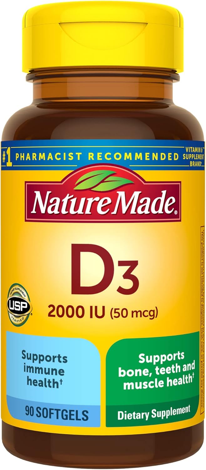 Nature Made Vitamin D3, 90 Softgels, Vitamin D 2000 IU (50 mcg) Helps Support Immune Health, Strong Bones and Teeth, & Muscle Function, 250% of The Daily Value for Vitamin D in One Daily Softgel