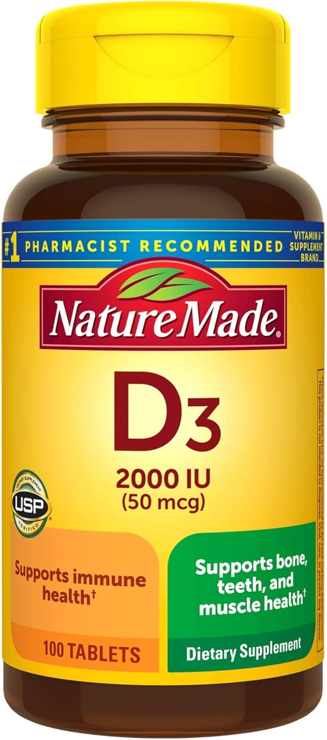 Nature Made Vitamin D3, 100 Tablets, Vitamin D 2000 IU (50mcg) Helps Support Immune Health, 100 tabletss,.-