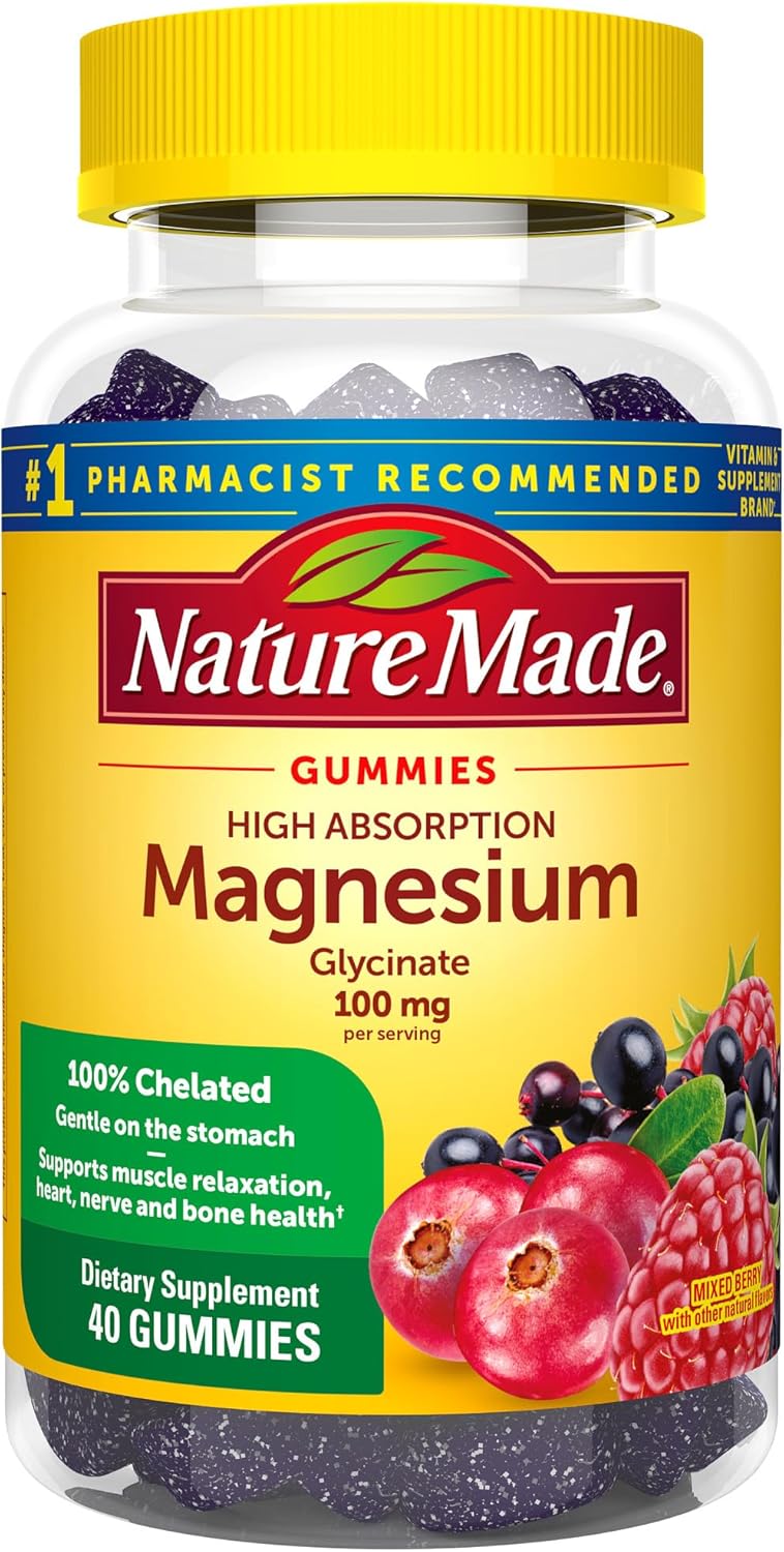 Nature Made High Absorption Magnesium Glycinate Gummies 100 mg per Serving, Muscle, Nerve, Bone and Heart Support, Magnesium Supplement, 40 Magnesium Gummies, 20 Day Supply