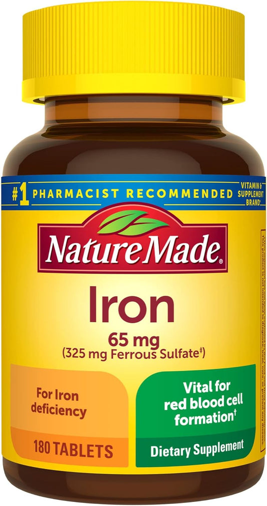 Nature Made Iron 65 mg (325 mg Ferrous Sulfate) Tablets, Dietary Supplement for Red Blood Cell Support, 180 Tablets, 180 Day Supply