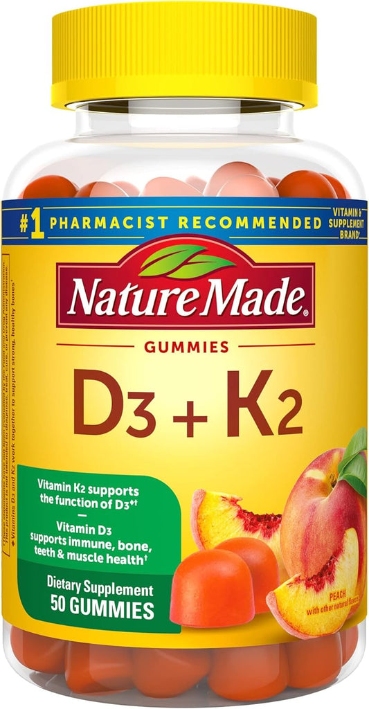 Nature Made Vitamin D3 K2 Gummies, Vitamin D3 5000 IU per serving, Bone, Teeth, Muscle, Immune Health Support, 50 Vitamin D + K2 Gummy Vitamins, 25 Day Supply