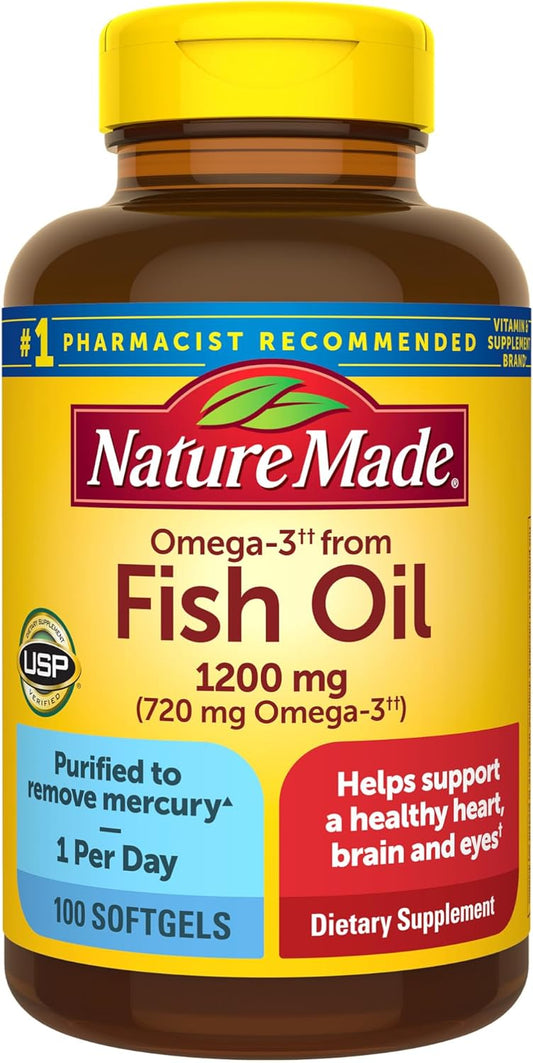 Nature Made Omega 3 Fish Oil 1200 mg, Fish Oil Supplements as Ethyl Esters, Omega 3 Fish Oil for Healthy Heart, Brain and Eyes Support, One Per Day, Omega 3 Supplement with 100 Softgels