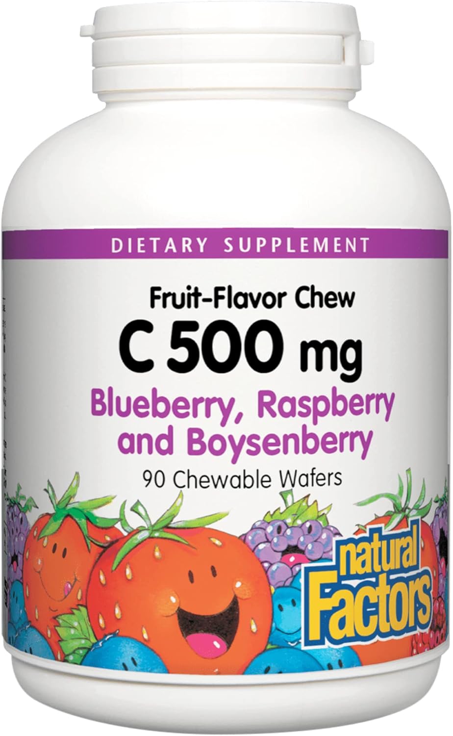 Natural Factors, Kids Chewable Vitamin C 500 mg, Supports Immune Health, Bones, Teeth and Gums, Blueberry, Raspberry and Boysenberry, 90 Count (Pack of 1)