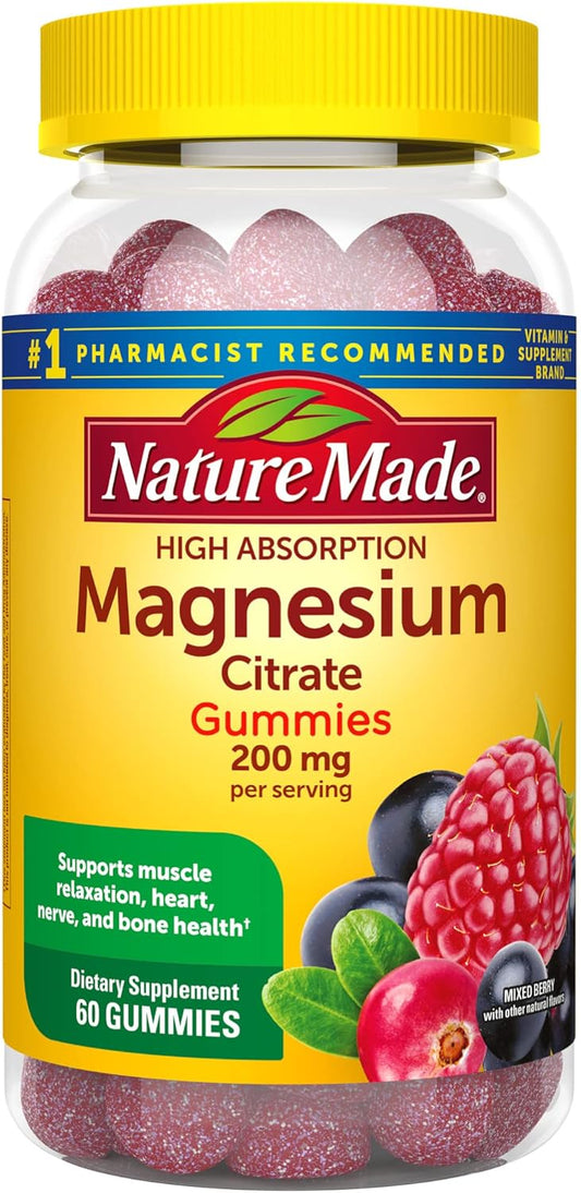 Nature Made High Absorption Magnesium Citrate 200 mg per serving, Magnesium Supplement for Muscle, Nerve, Bone and Heart Support, 60 Magnesium Gummies, 30 Day Supply