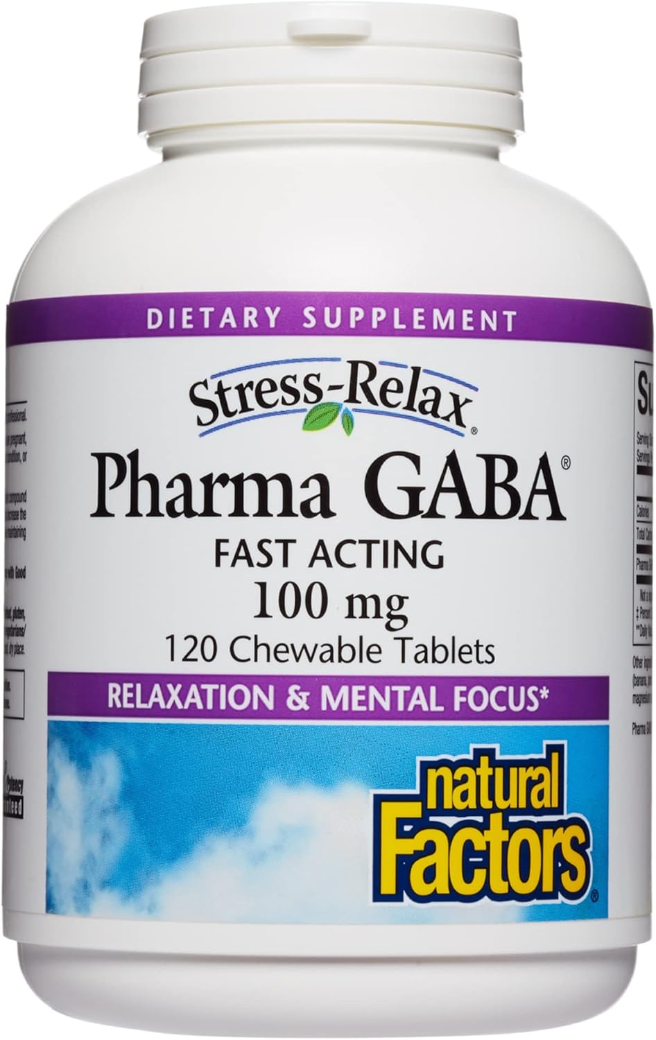 Stress-Relax Chewable Pharma GABA 100 mg by Natural Factors, Non-Drowsy Stress Support for Relaxation and Mental Focus, Tropical Fruit Flavor, 120 Tablets