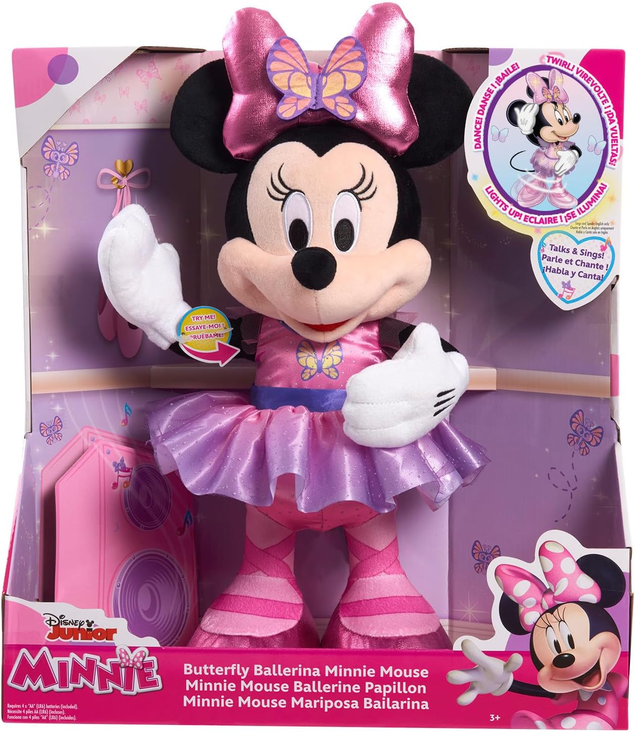 MINNIE Just Play Disney Junior Mouse Sing and Dance Butterfly Ballerina Lights and Sounds Plush, Sings Just Like a Butterfly, Kids Toys for Ages 3 Up