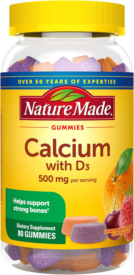 Nature Made Calcium Gummies 500 mg Per Serving with Vitamin D3, Dietary Supplement for Bone Support, 80 Gummies, 40 Day Supply