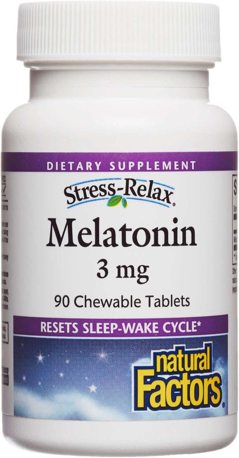 Stress-Relax Melatonin 3 mg by Natural Factors, Natural Sleep Aid, Resets the Sleep-Wake Cycle, 90 chewable tablets (90 servings), Peppermint Flavor