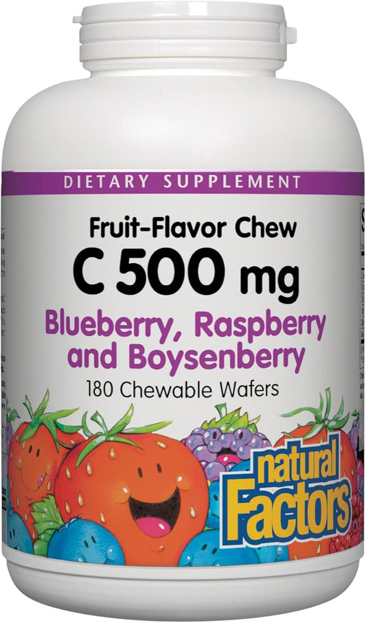 Natural Factors, Kids Chewable Vitamin C 500 mg, Supports Immune Health, Bones, Teeth and Gums, Blueberry, Raspberry and Boysenberry, 180 Count (Pack of 1)