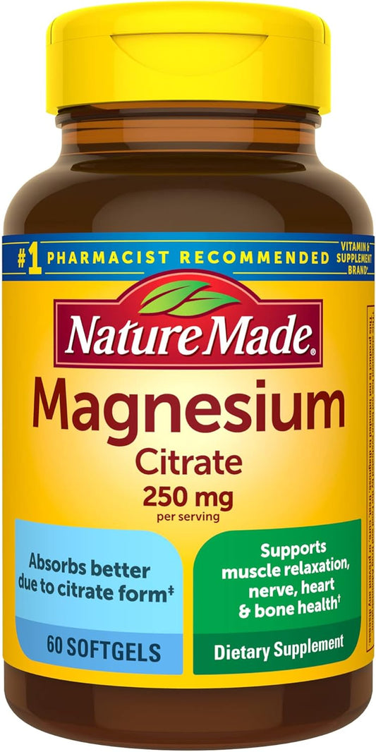 Nature Made Magnesium Citrate 250 mg per serving, Magnesium Supplement for Muscle, Nerve, Bone and Heart Support, 60 Softgels, 30 Day Supply