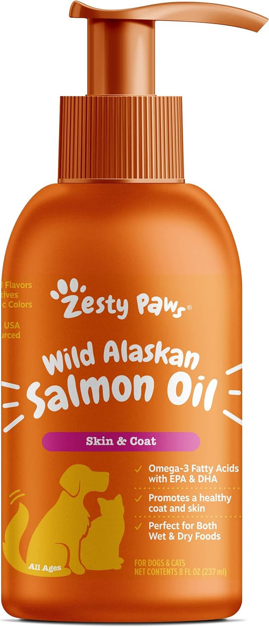 Wild Alaskan Salmon Oil for Dogs & Cats - Omega 3 Skin & Coat Support - Liquid Food Supplement for Pets - Natural EPA + DHA Fatty Acids for Joint Function, Immune & Heart Health 8oz - Pump Top