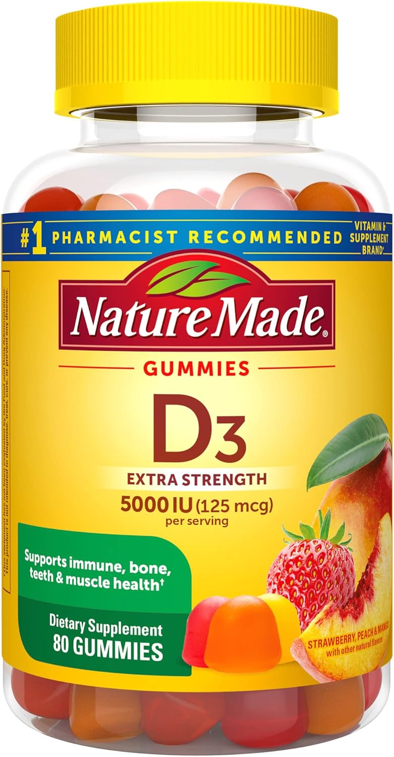 Nature Made Extra Strength Vitamin D3 5000 IU (125 mcg) per serving, Dietary Supplement for Bone, Teeth, Muscle and Immune Health Support, 80 Gummies, 40 Day Supply