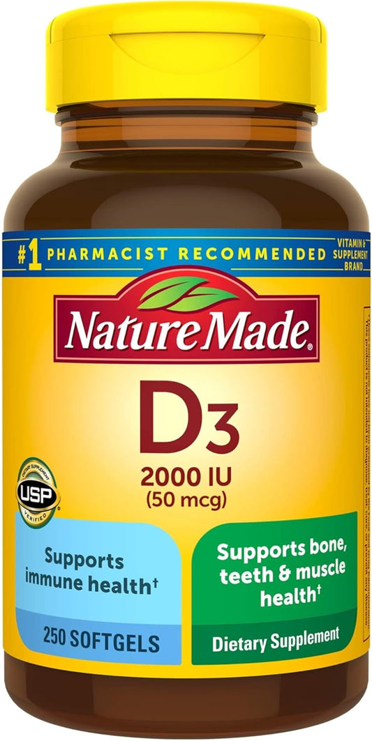 Nature Made Vitamin D3 2000 IU (50 mcg), Dietary Supplement for Bone, Teeth, Muscle and Immune Health Support, 250 Softgels, 250 Day Supply