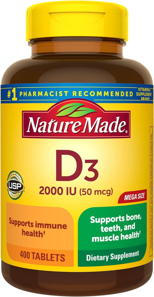 Vitamin D3, 400 Tablets Mega Size, Vitamin D 2000 IU (50 mcg) Helps Support Immune Health, Strong Bones and Teeth, & Muscle Function, 250% of Daily Value for Vitamin D in One Daily Tablet