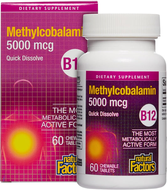 Natural Factors, Vitamin B12 Methylcobalamin 5000 mcg, Chewable Support for Energy and Immune Health, Vegetarian, 60 tablets (60 servings)