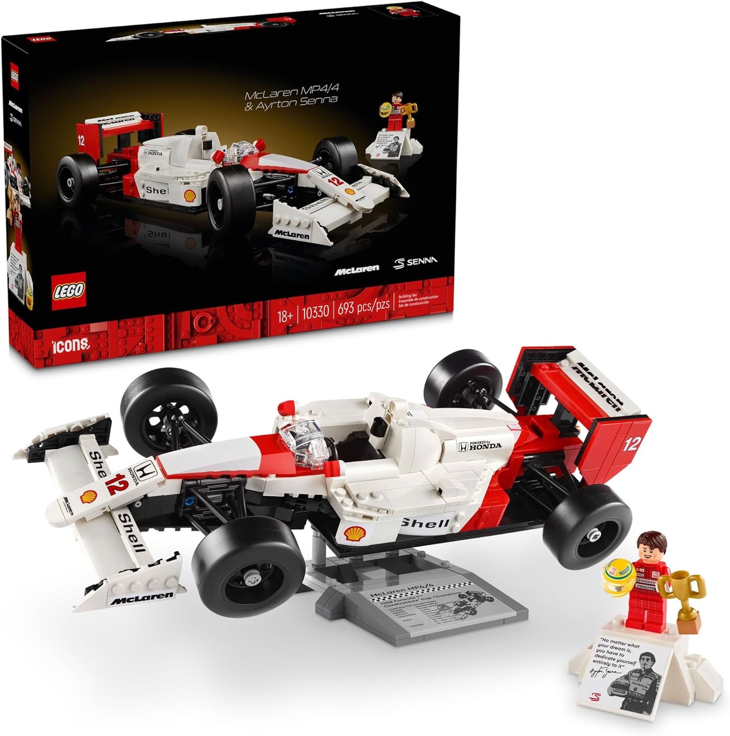 LEGO Icons McLaren MP4/4 & Ayrton Senna Minifigure, Holiday or Birthday Gift Idea for Home Office Decor, F1 Building Set for Adults and Fans of Cool Model Race Cars, 10330