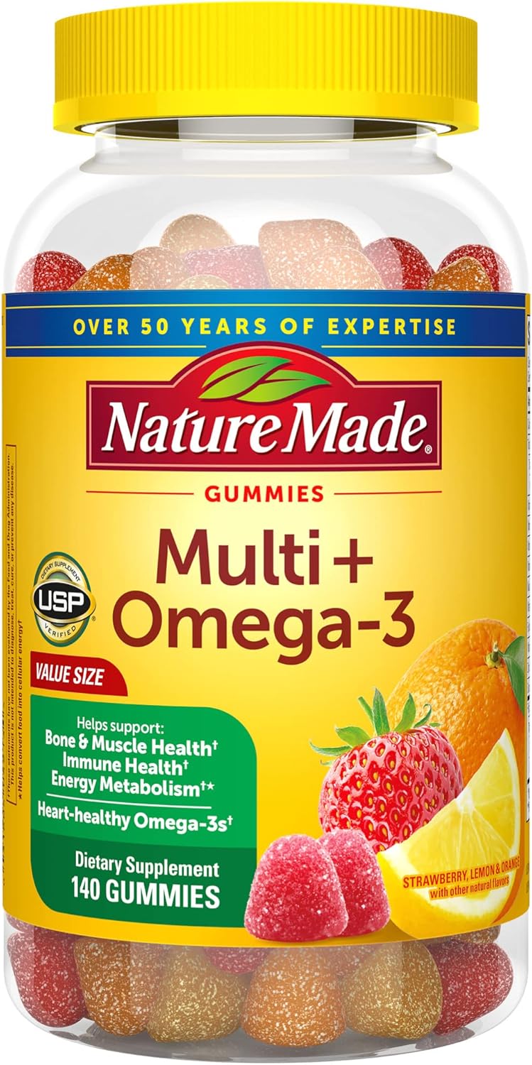 Nature Made Multivitamin + Omega-3, Dietary Supplement for Daily Nutritional Support, 140 Gummy Vitamins and Minerals, 70 Day Supply (Pack of 1)