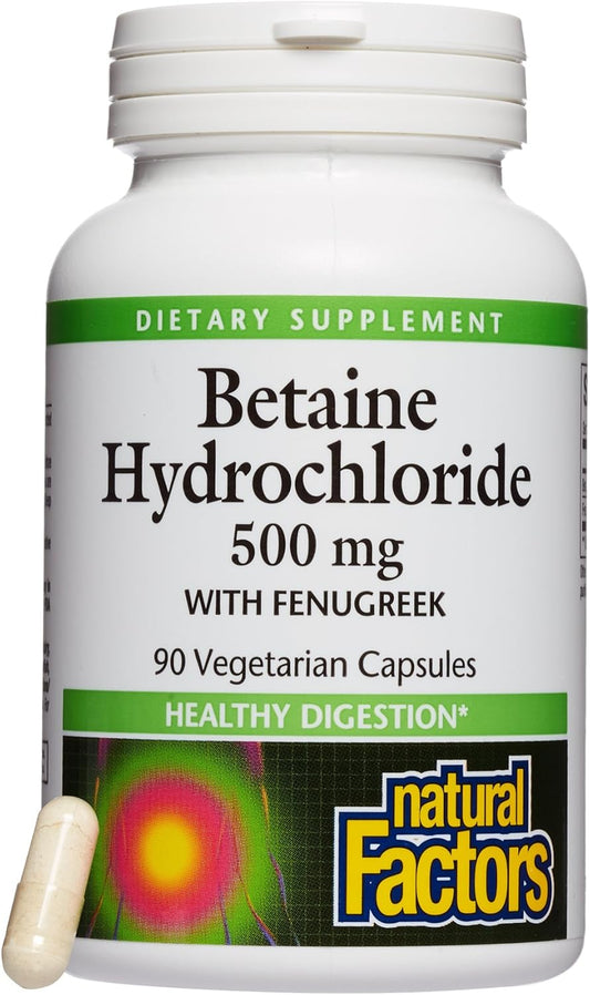 Natural Factors, Betaine HCL 500 mg, Supports Healthy Digestion and a Healthy Microbiome, 90 capsules (90 servings)