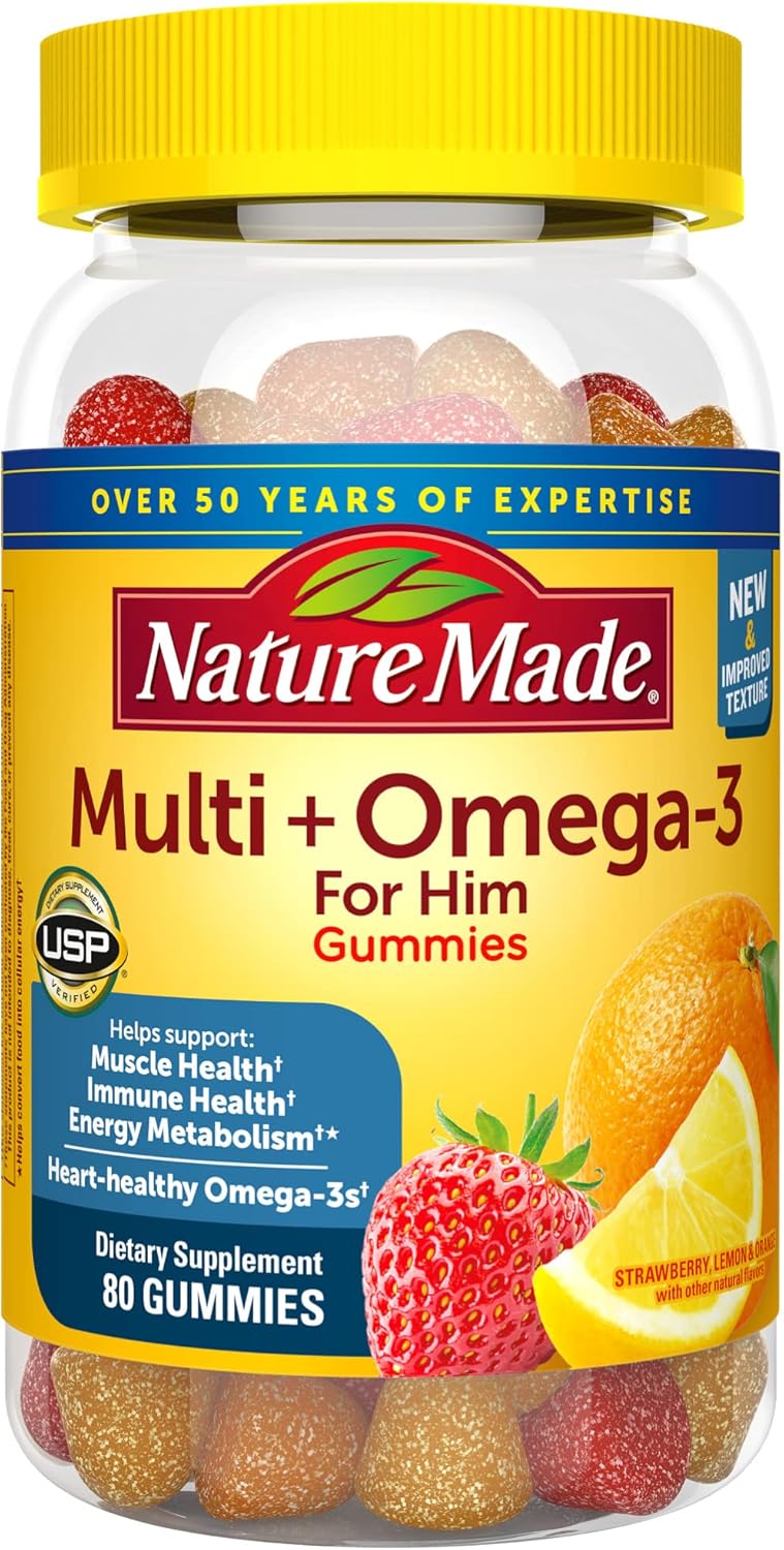 Nature Made Multivitamin for Him with Omega-3, Mens Multivitamins for Daily Nutritional Support, Multivitamin for Men, 80 Gummy Vitamins and Minerals, 40 Day Supply