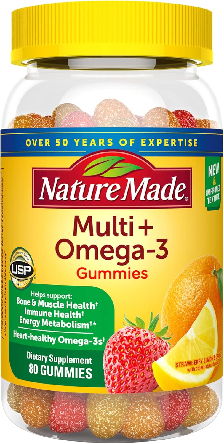 Nature Made Multivitamin + Omega-3, Dietary Supplement for Daily Nutritional Support, 80 Gummy Vitamins and Minerals, 40 Day Supply