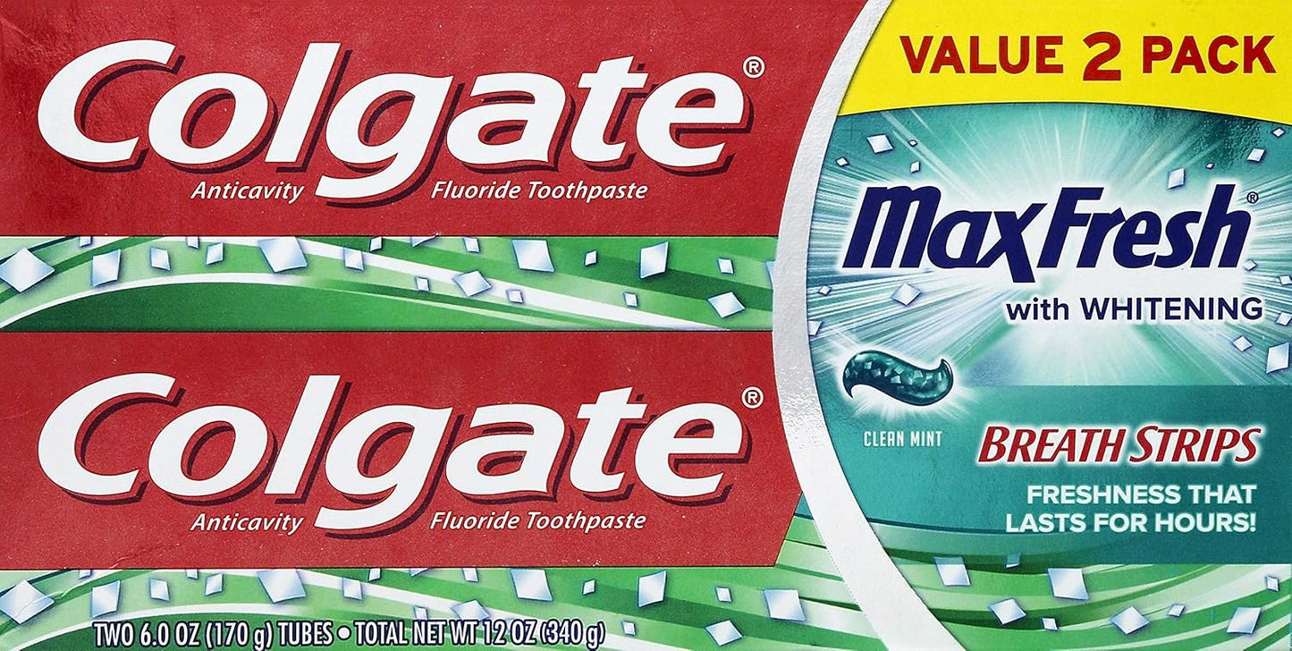 Colgate MaxFresh Clean Mint Toothpaste with Mini Breath Strips, 6 oz, (2 Tubes)